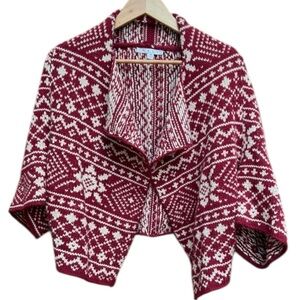 CAbi Fair Isle Women’s Shrug Cardigan Burgundy/Cream Sweater SZ M